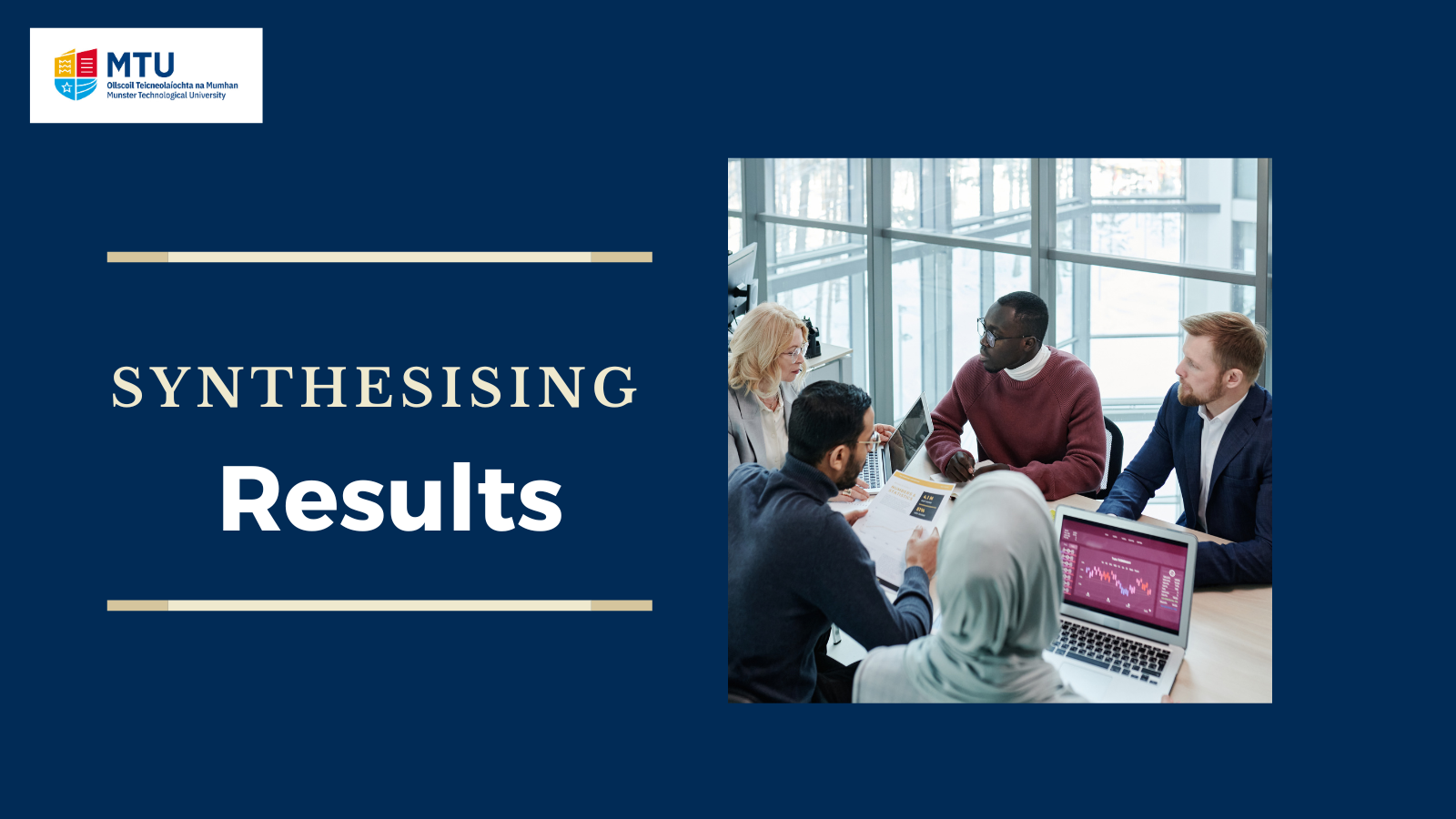 Image promoting how to synthesise results from your systematic review. Image depicts a number of resaerchers collaborating around a table.