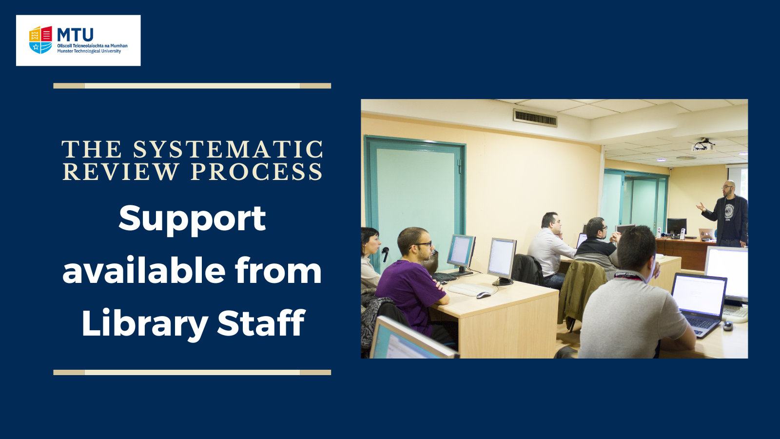 Image promoting library staff support for Systematic Reviews. Image depicts library staff member addressing group of research staff.